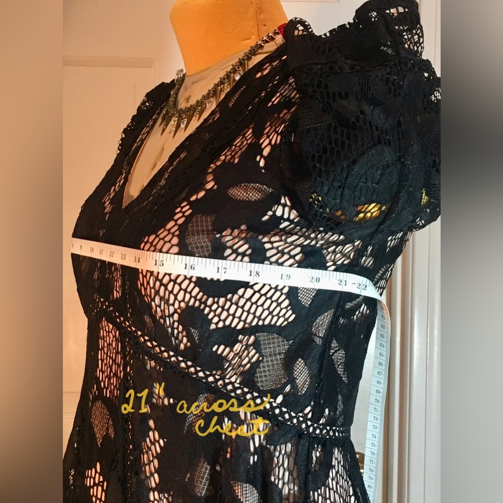 TAYLOR Black Lace Vneck short sleeve Fit and flare midi dress Pink lining SIze 6 - Picture 7 of 12